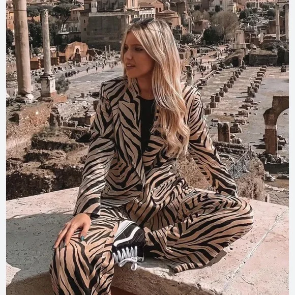 Pantalon Large Zara Femme Motif Zèbre Noir Et Camel - Taille S, Occasion En Très Bon état
